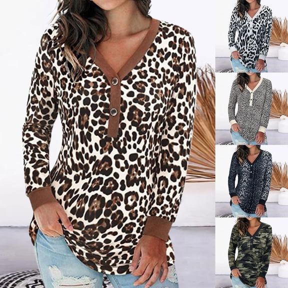 QHWAUAKFBN Womens T Shirts Graphic Long Sleeve V Neck Button Henley Camo Leopard Loose Tunic Blouse Tshirts Top