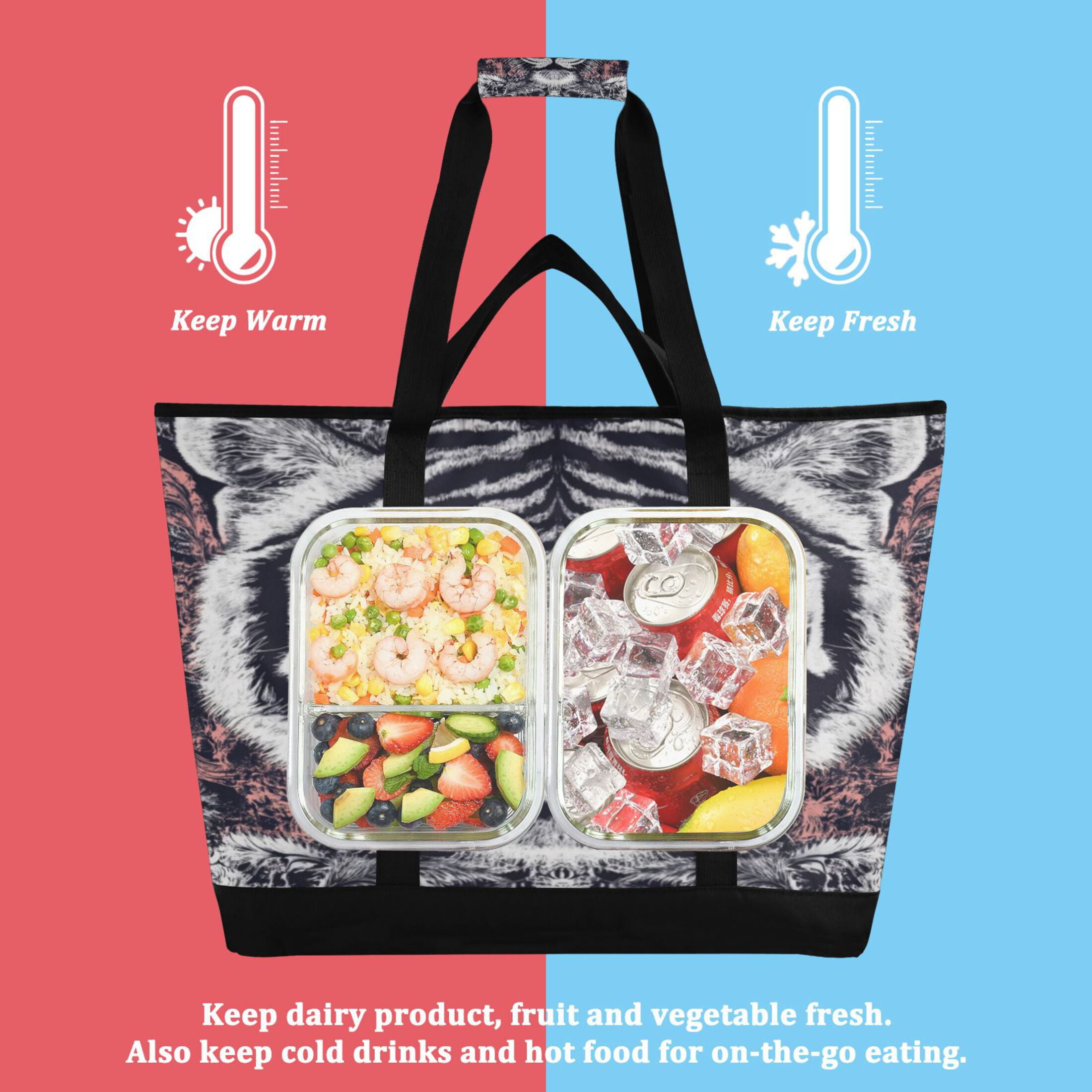 Large Hand-held Ice Pack Picnic Bag Insulation and Refrigeration Suitable for Shopping Picnics and Camping Black and White Tiger