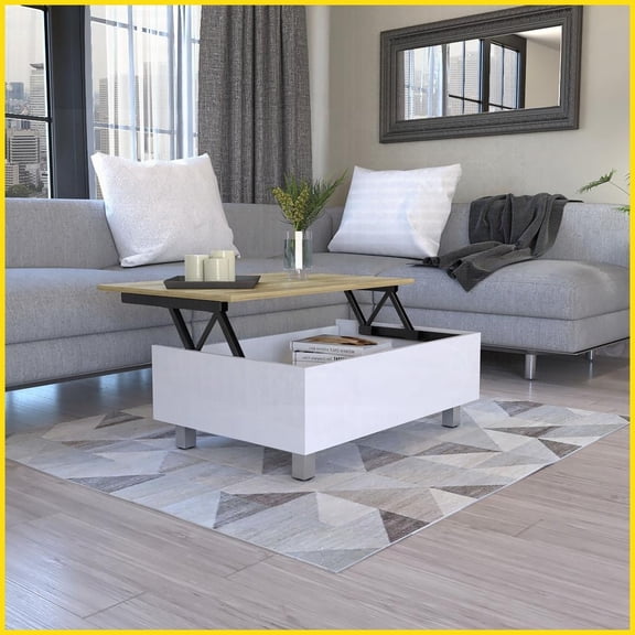 Lift Top Coffee Table with Hidden Storage – White/Light Oak Living Room Center Table, Space-Saving with Locking Wheels