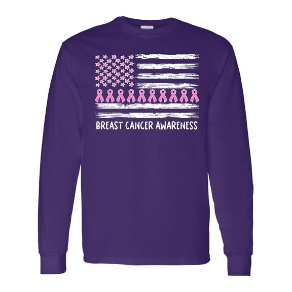 Inktastic Breast Cancer Awareness Pink Ribbons and Flag Long Sleeve T-Shirt