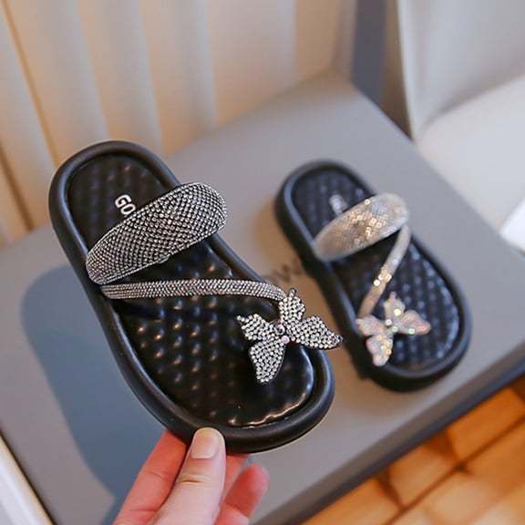 ZunFeo Girls Sparkly Flip Flops with Rhinestone Bow, Black Glitter Sandals for Kids Dressy Casual Slide US Size 10-3.5,Size 13.5