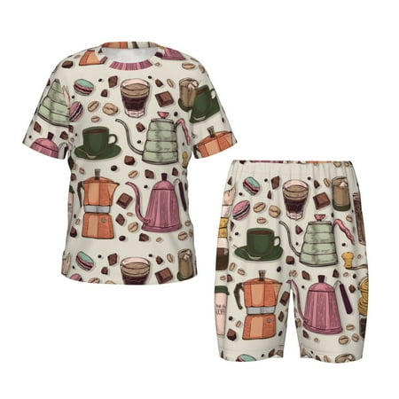 Luyuia Vintage Coffee Print Girls  2-Piece Tie-Dye Pajama Set  Cute Summer Loungewear with Shirt and Tank Shorts Nightwear-3X-Large