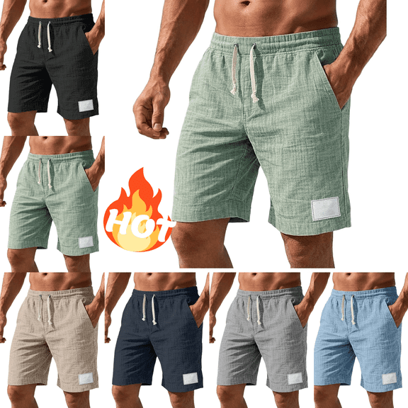 Mifsaly Men's Linen Shorts Elastic Waist Drawstring Beach Shorts Textures Lightweight Breathable Casual Summer Vacation Outfits with Pockets Green,L