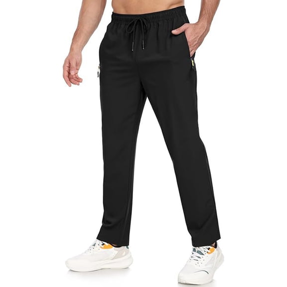 Domuza Mens Athletic Pants Elastic Waist Quick-Dry Lightweight Pants Workout Outdoor Sweatpants with Zipper Pockets Black XL