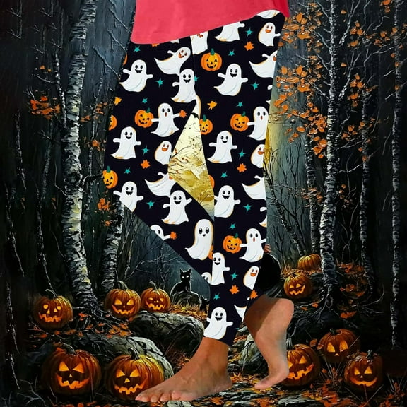 Fartey Halloween Leggings for Women Casual High Waisted Athletic Workout Legging Soft Stretchy Gym Yoga Pants Funny Ghost Printed Tights Black 2XL