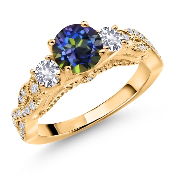 Gem Stone King 18K Yellow Gold Plated Silver Blue Mystic Topaz White Created Sapphire and White Moissanite Engagement Ring for Women (1.53 Cttw, Gemstone, Round 6MM and 3MM, Size 7)