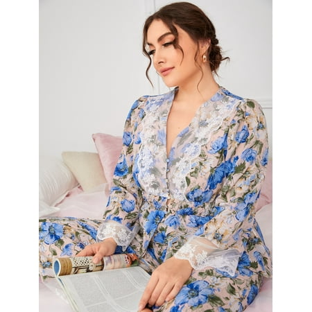 

Casual Multicolor Casual Women s Plus Floral Print Contrast Embroidery Mesh Shirred PJ Set L220101D Multicolor 4XL(20)