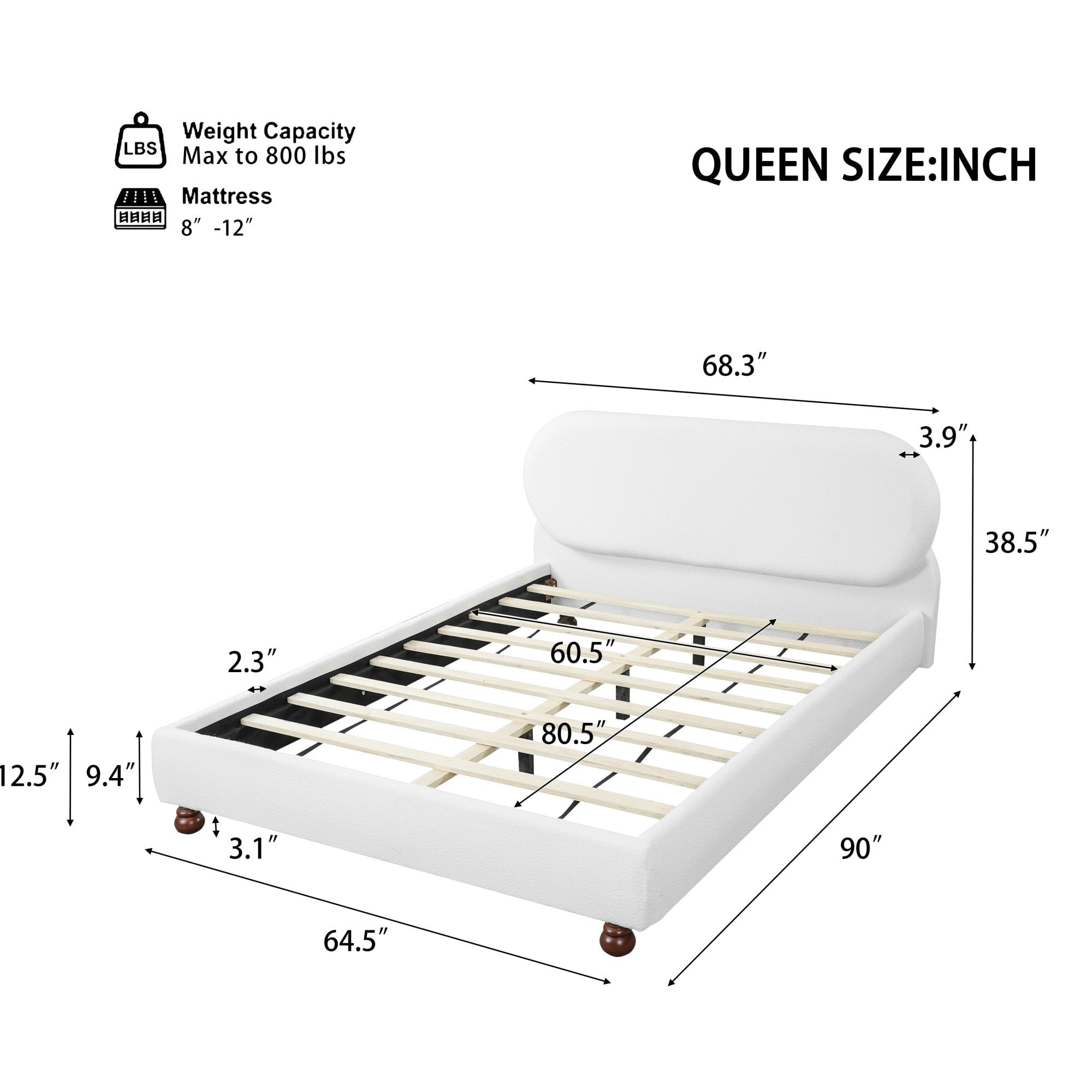 Sailvan Queen Cream Boucle Upholstered Bed,Modern Platform Bed Frame with Curved Headboard and Solid Rubber Wood Gourd Legs,800lb Support