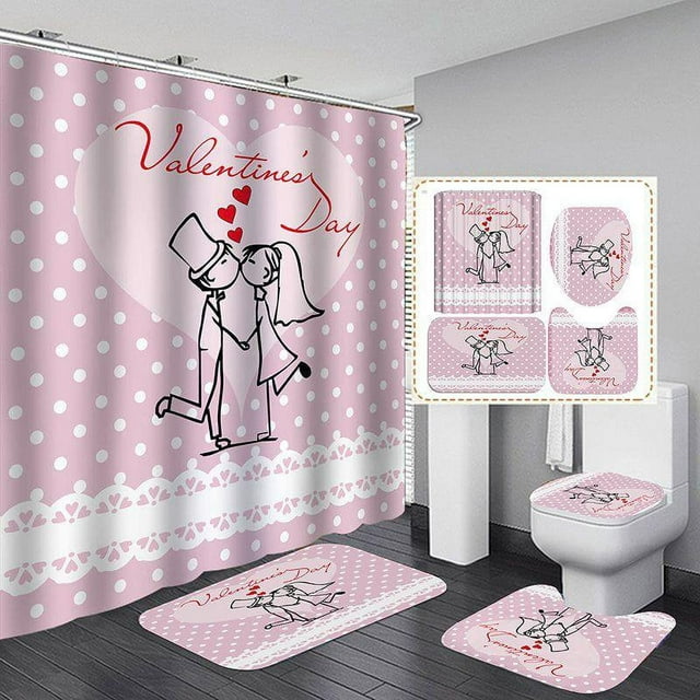 Valentine‘s Day 3D Digital Printing Shower Curtain 4-piece Set With Good Waterproof Effect (100% Polyester Fabric)