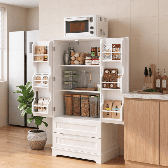 Pantry Storage Cabinet with 2 Drawers，Asofer 47" Kitchen Small Food Pantry Cabinet for Dining Room, White