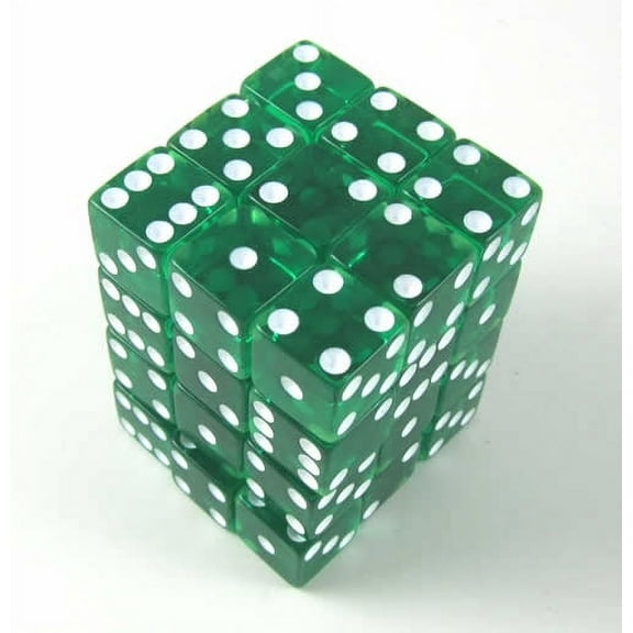 Green Transparent Squared Corner Dice with White Pips D6 12mm (1/2in) Pack of 36 Koplow Games