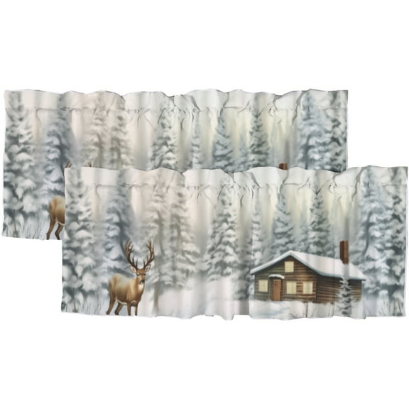 Winter Pine Tree Blackout Curtain Valances Deer Snowy Forest Christmas Holiday Rod Pocket Decoration Window Valance Curtains 54x18inch(2Pcs)