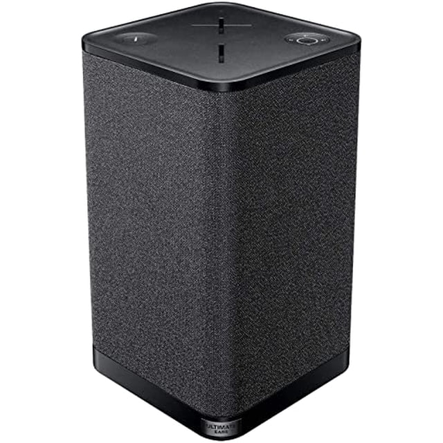 ultimate ears hyperboom altavoz bluetooth inalámbrico portátil y doméstico - negro (renovado) Renovado, vista frontal 3/4 de altavoz Hyperboom negro: cuerpo alto y rectangular con esquinas redondeadas, tela moteada negra, base y panel superior en plástico negro mate, botones circulares visibles en la parte superior y logotipo Ultimate Ears en la base; ideal para fiestas y reproducción Bluetooth en interiores y exteriores.