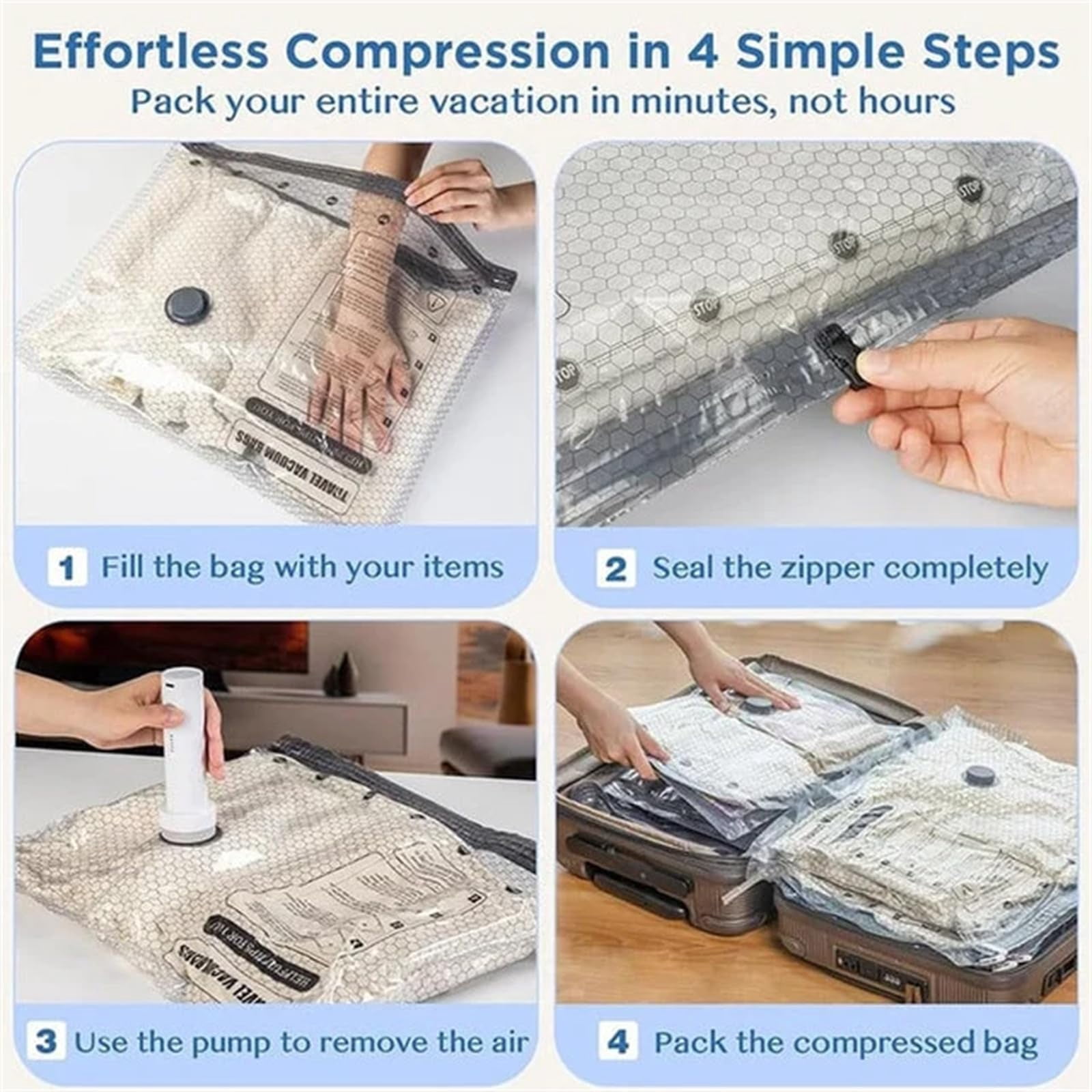 Soulin Compression Bags – Vacuum Storage Bags with Electric Pump, Space Saver for Clothes Blankets Bedding, Travel and Home Organization Reusable Packing Solution