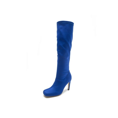 

Lacyhop Womens Winter Boots Stiletto Heel Shoes Square Toe Boot Party Fashion Comfortable Knee High Blue 6