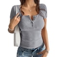 thumbnail image 3 of Women'S Summer Short Sleeve U Neck T Shirts Casual Ribbed Button Henley Knit Tops Blouse Grey XL, 3 of 9
