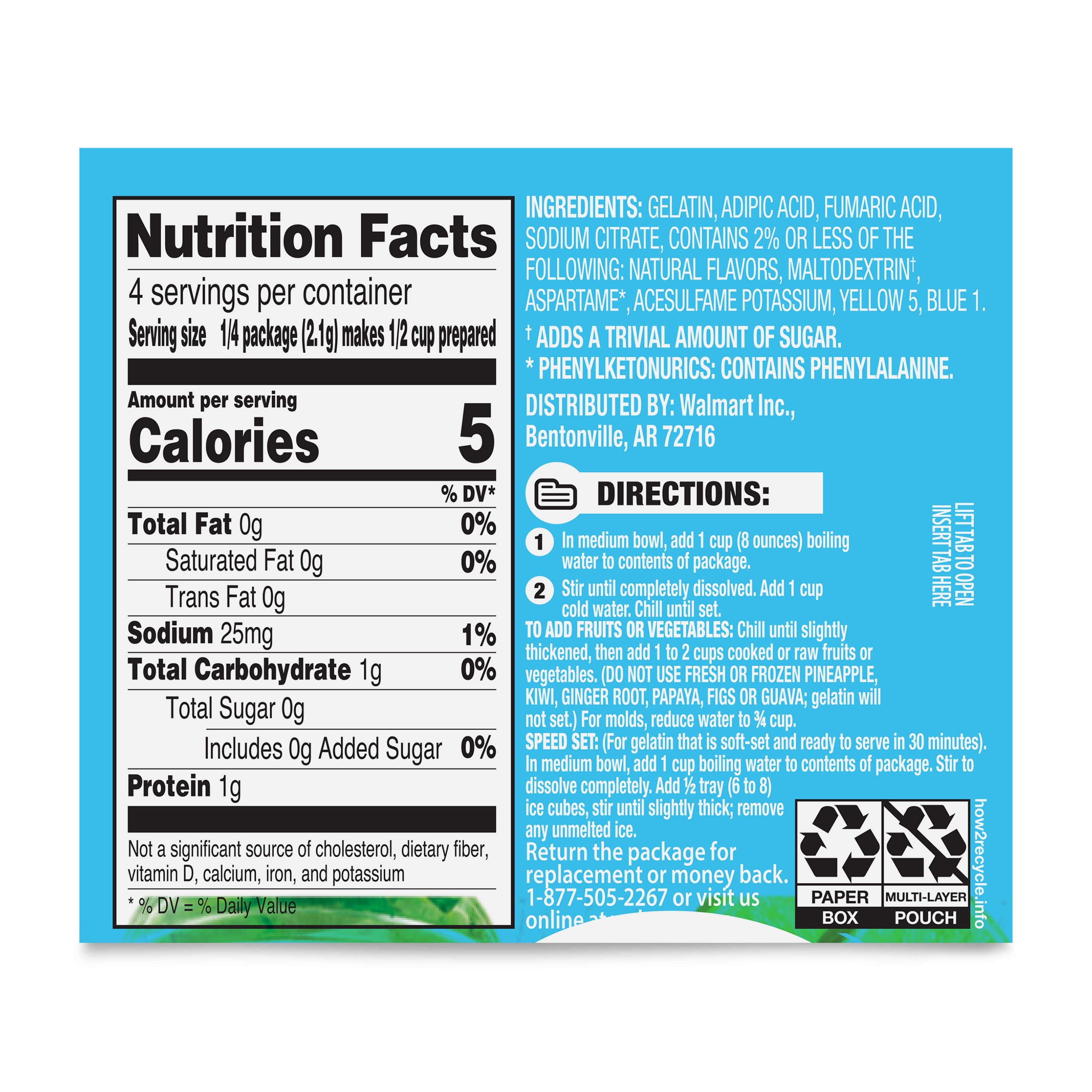 (6 pack) Great Value Sugar Free Lime Gelatin Dessert, 0.3 oz, 4 Servings per Box