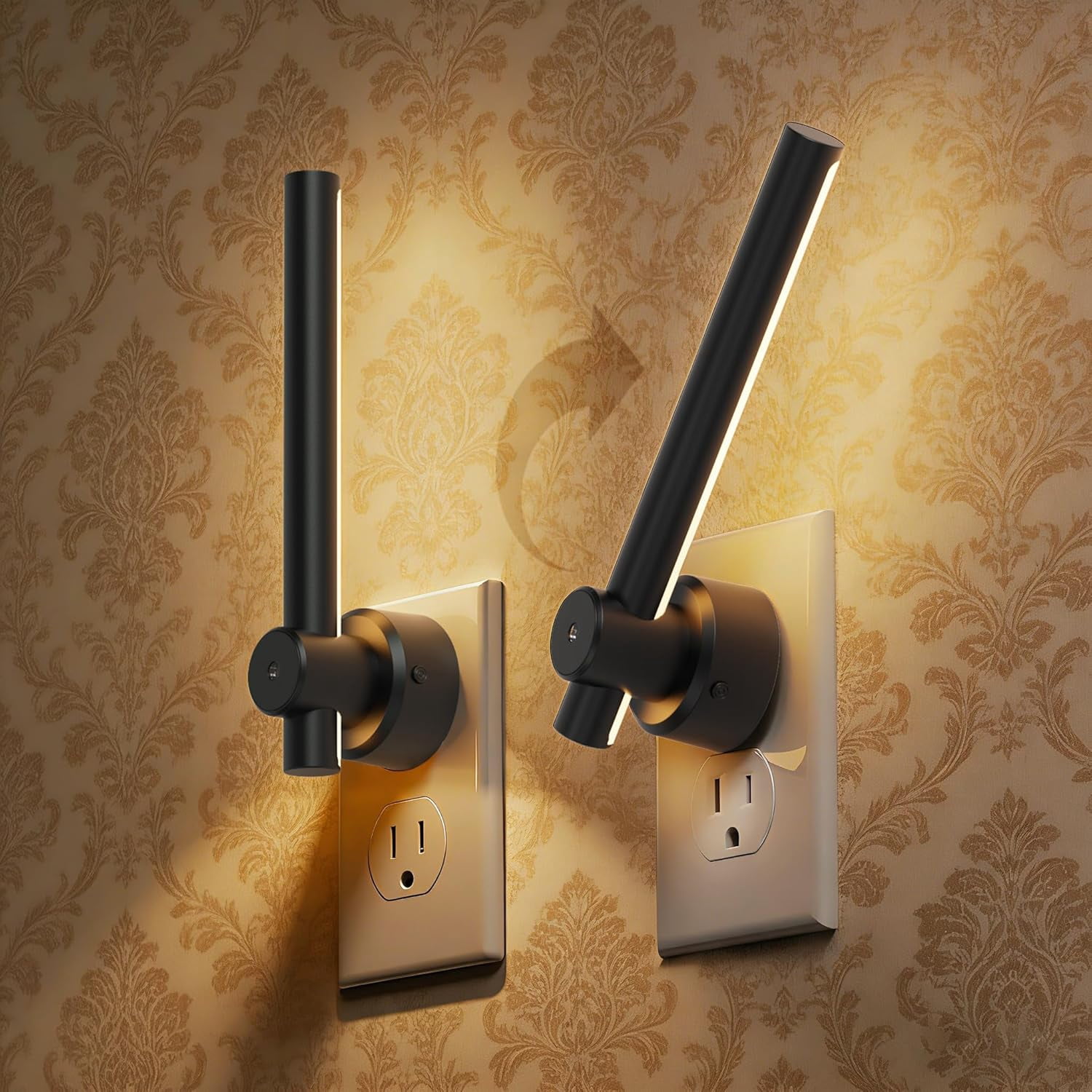 RGHJAR-Night Light Plug in, 2Pack Dimmable Night Lights Plug into Wall, 330°Rotating Nightlight with Dusk to Dawn Sensor, Soft White, 0-100LM Modern Black Nightlights for Bathroom Mirror Restroom