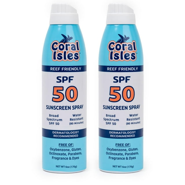 Protector solar en aerosol Coral Isles SPF 50, resistente al agua, 177 ml x 2
