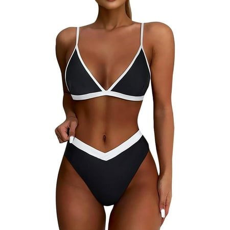 Huankd Womens Sexy Triangle Bikini Set High Cut Bathing Suits Color Block Two Piece Swimsuit 2025 Black M