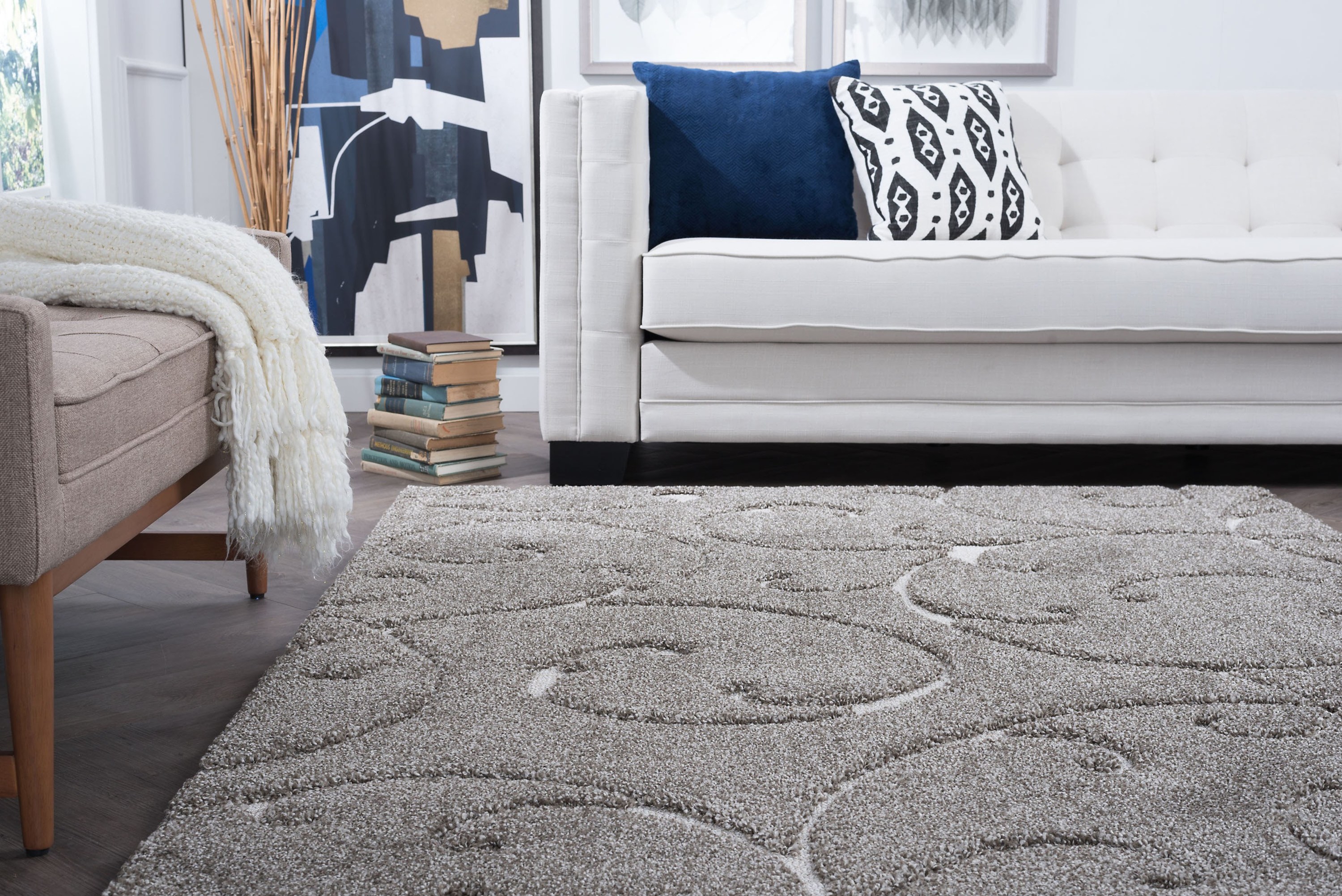 Transitional 9x13 Area Rug Shag Thick (9'3'' x 12'6'') Scroll Taupe, Cream Living Room Easy to Clean