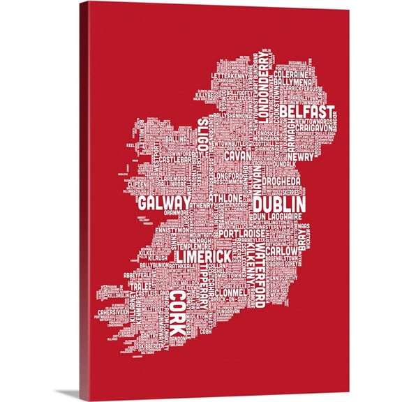 Great BIG Canvas | Michael Tompsett Premium Thick-Wrap Canvas entitled Irish Cities Text Map, Red