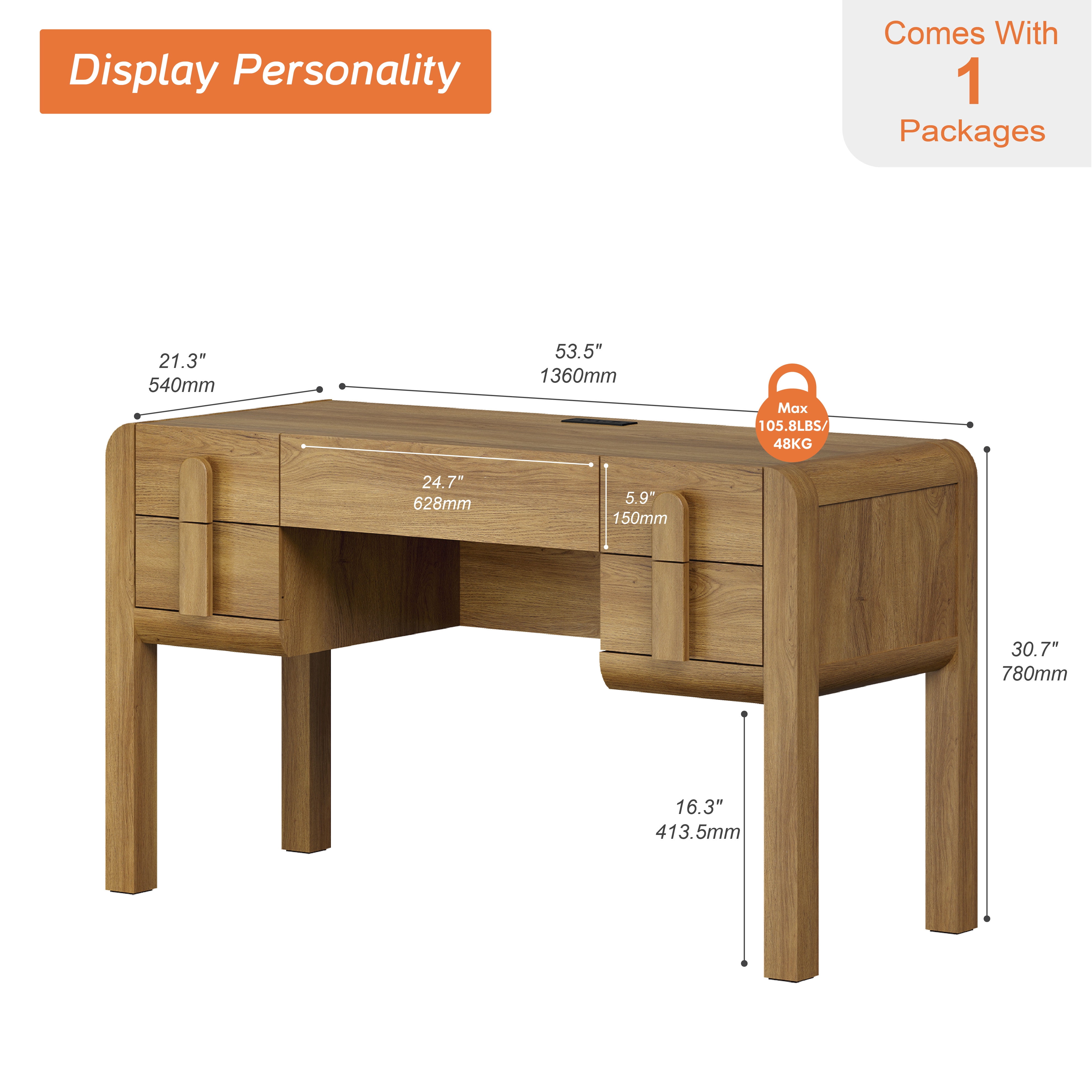 53.5"W Mid-century Modern Executive Desk with 5 Drawers , Home Office Desk With Charging Station，Wood Computer Desk With Curved Profile Design，Standing Desk For Business Furniture Set Workstation