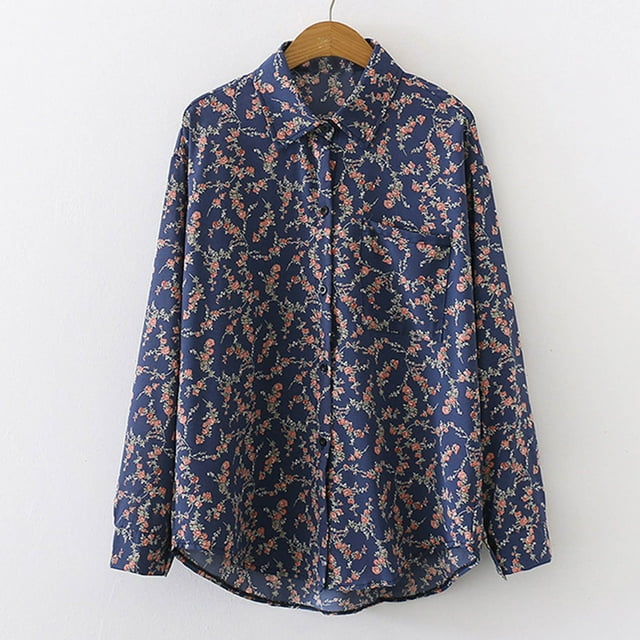 Ichuanyi liquidación de la moda estampado de la manga larga del bolsillo del bolsillo del bolsillo del botón casual blusa ICHUANYI WER2023082207403