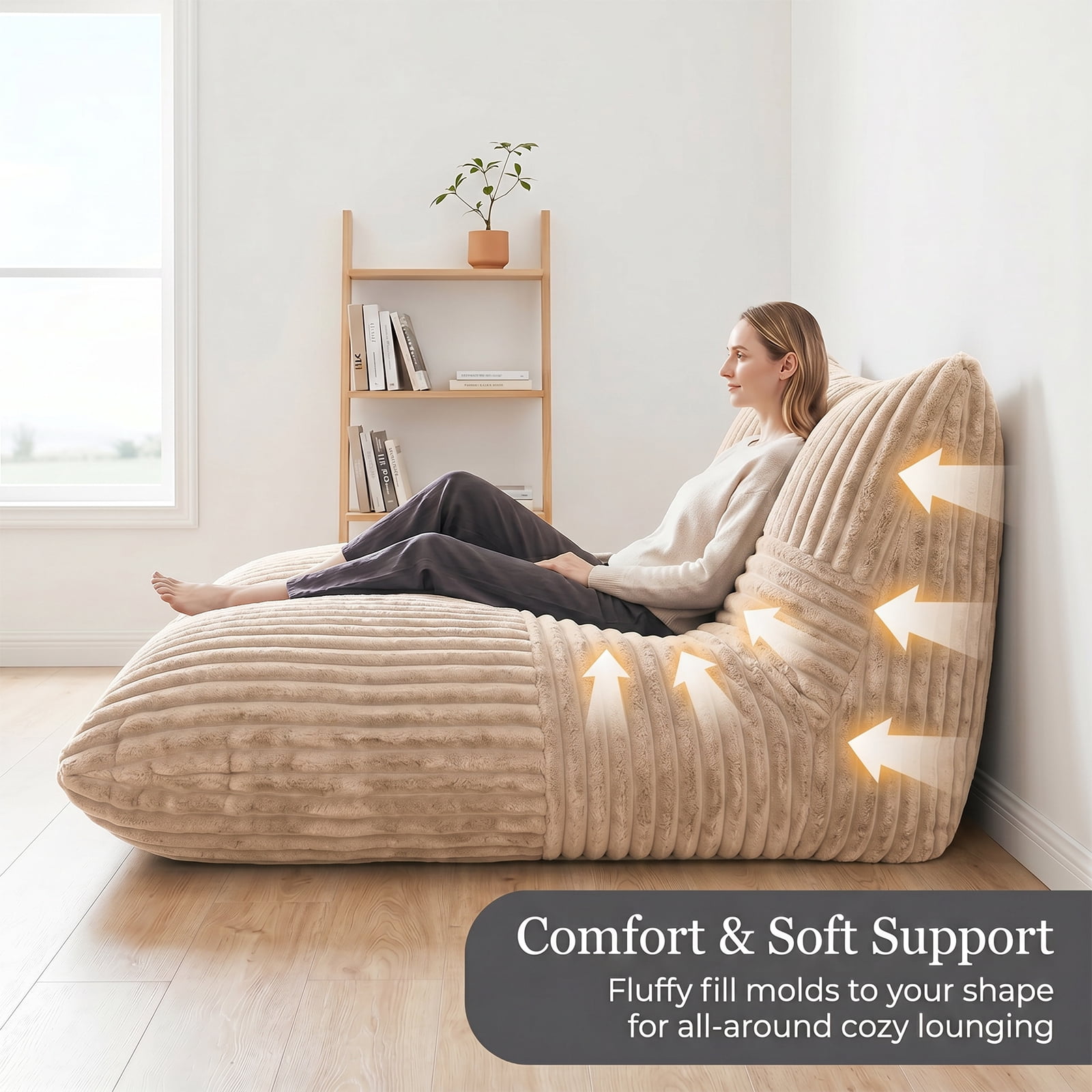 VIREO 3 in 1 Bean Bag Chair Giant Bean Bag Chairs Convertible Bean Bag Floor Cushion with Machine Washable Cover, Beanbag Chairs for Adult (Beige)