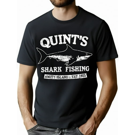 Quint's Shark Fishing Amity Island Est. 1971 Graphic T-Shirt, Knit Fabric, Casual Crew Neck Tee with Slight Stretch, Patterned Short Sleeve Shirt for