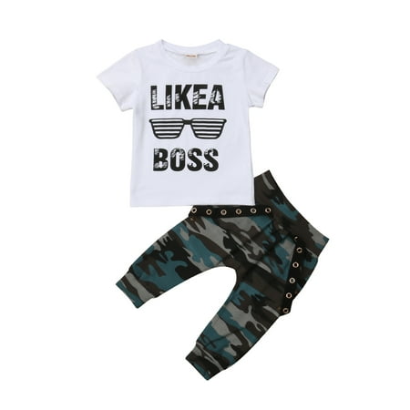 

Bagilaanoe Toddler Baby Boy Long Pants Set Letters Print Short Sleeve T-shirt Tops + Camouflage Trousers 6M 12M 18M 24M 3T Kids Long Pants Set