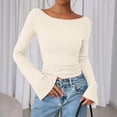 thumbnail image 2 of Long Sleeve Shirts for Women Boat Neck Bell Sleeve Ribbed Ruched Long Sleeve Tops Casual Chic Clothes Womens Sweatshirt Beige L, 2 of 4