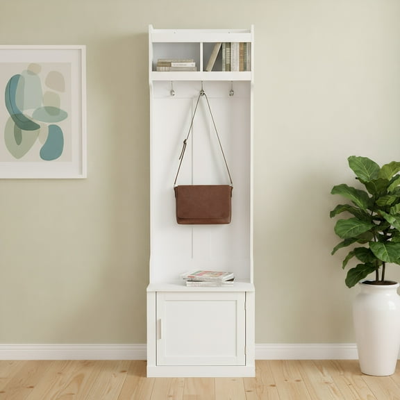 78"H Hall Tree with Bench and Shoe Storage, Minimalist Coat Rack with Storage Bench & 6 Hanging Hooks, for Hallway, Living room, White
