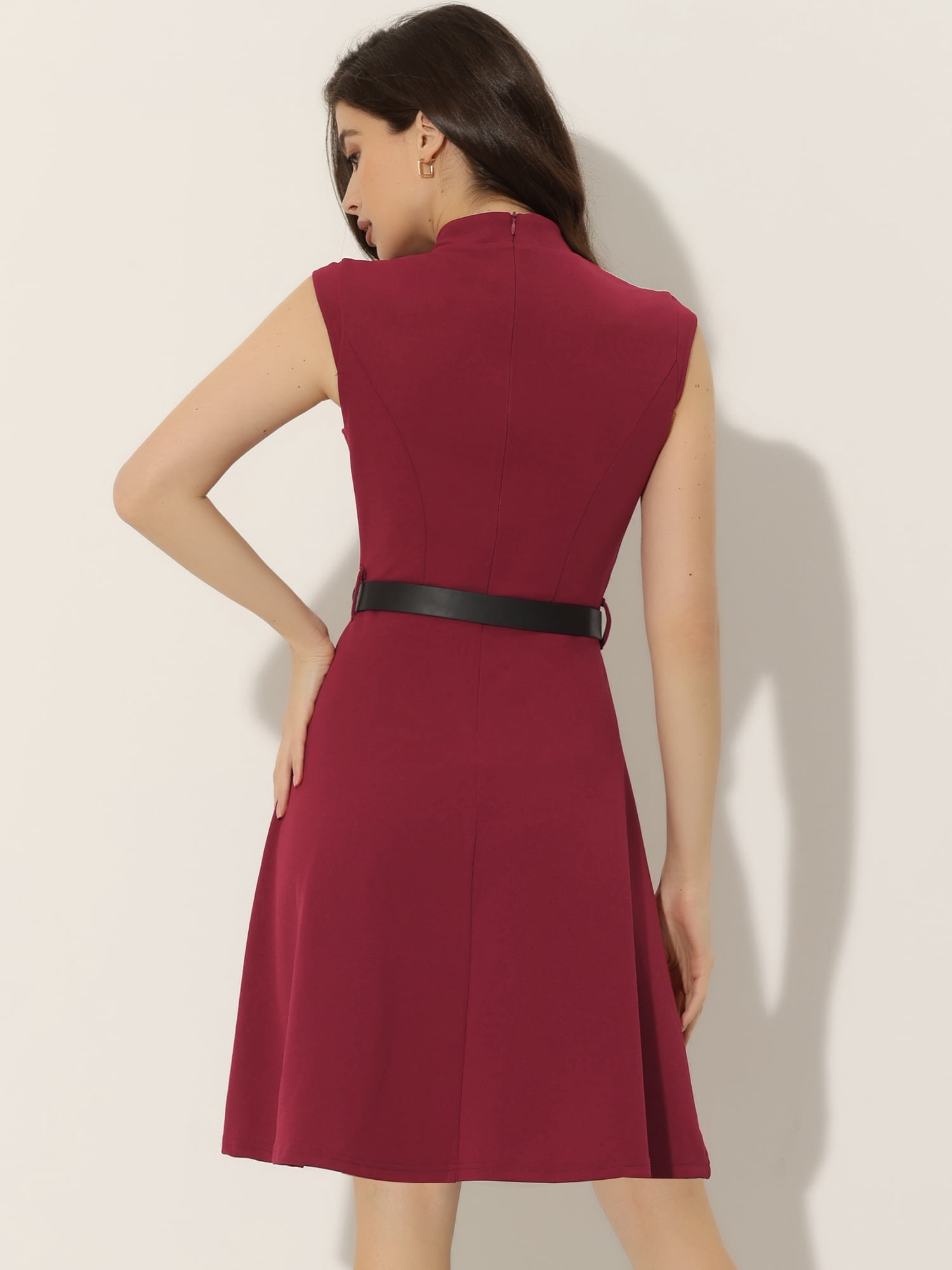 DARING DIVA Elegant Dress Split Neck Wear to Work Sleeveless Dresses XS Wine Red