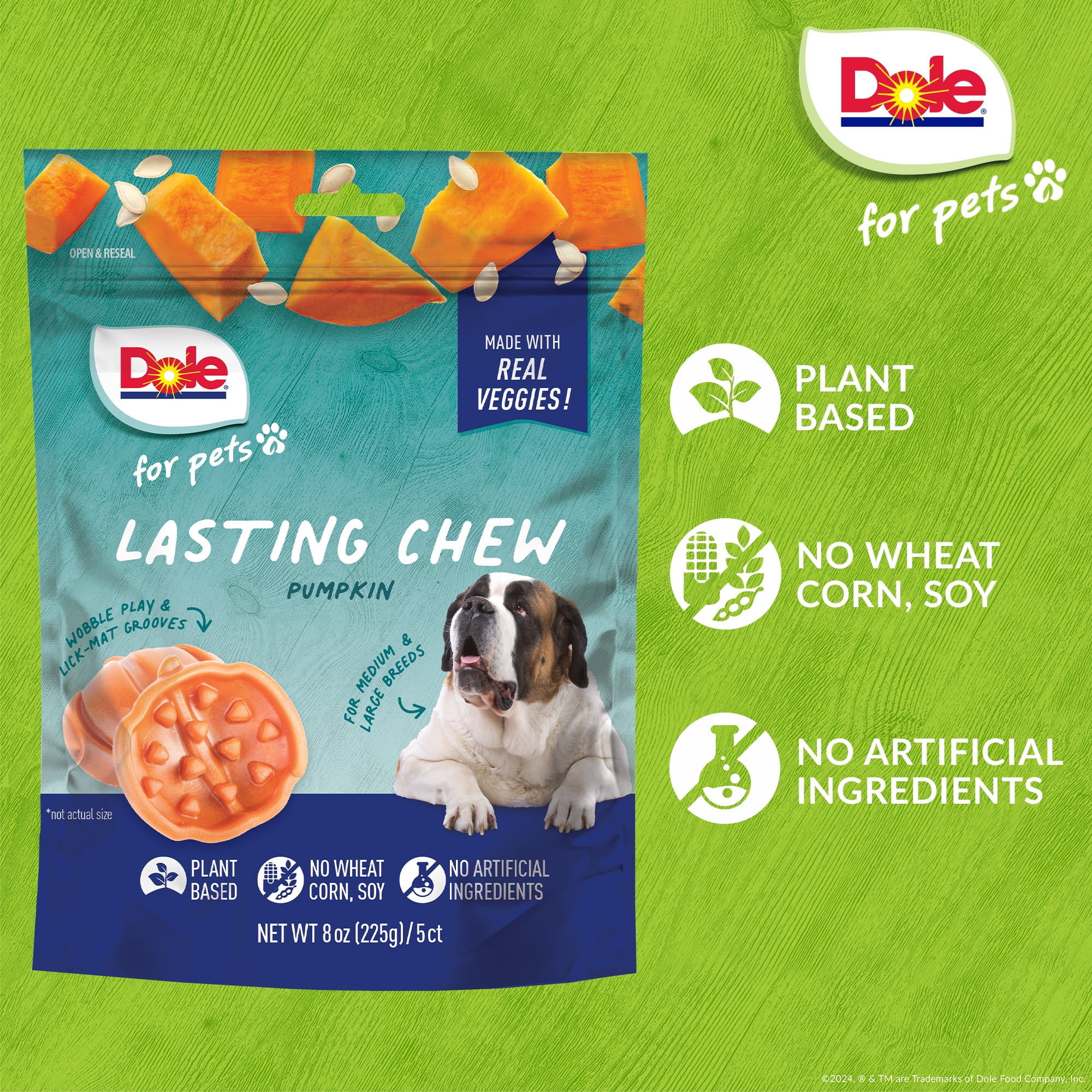 Dole Freshly Fetched Lasting Chew, Pumpkin Flavor Dog Dental Treats, No Wheat, Corn or Soy, 8oz, 5ct