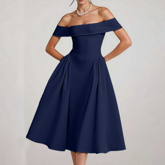 Women's Casual Midi Dress Off Shoulder A-Line Swing Party Dress Sleeveless Flowy Summer Evening Gown