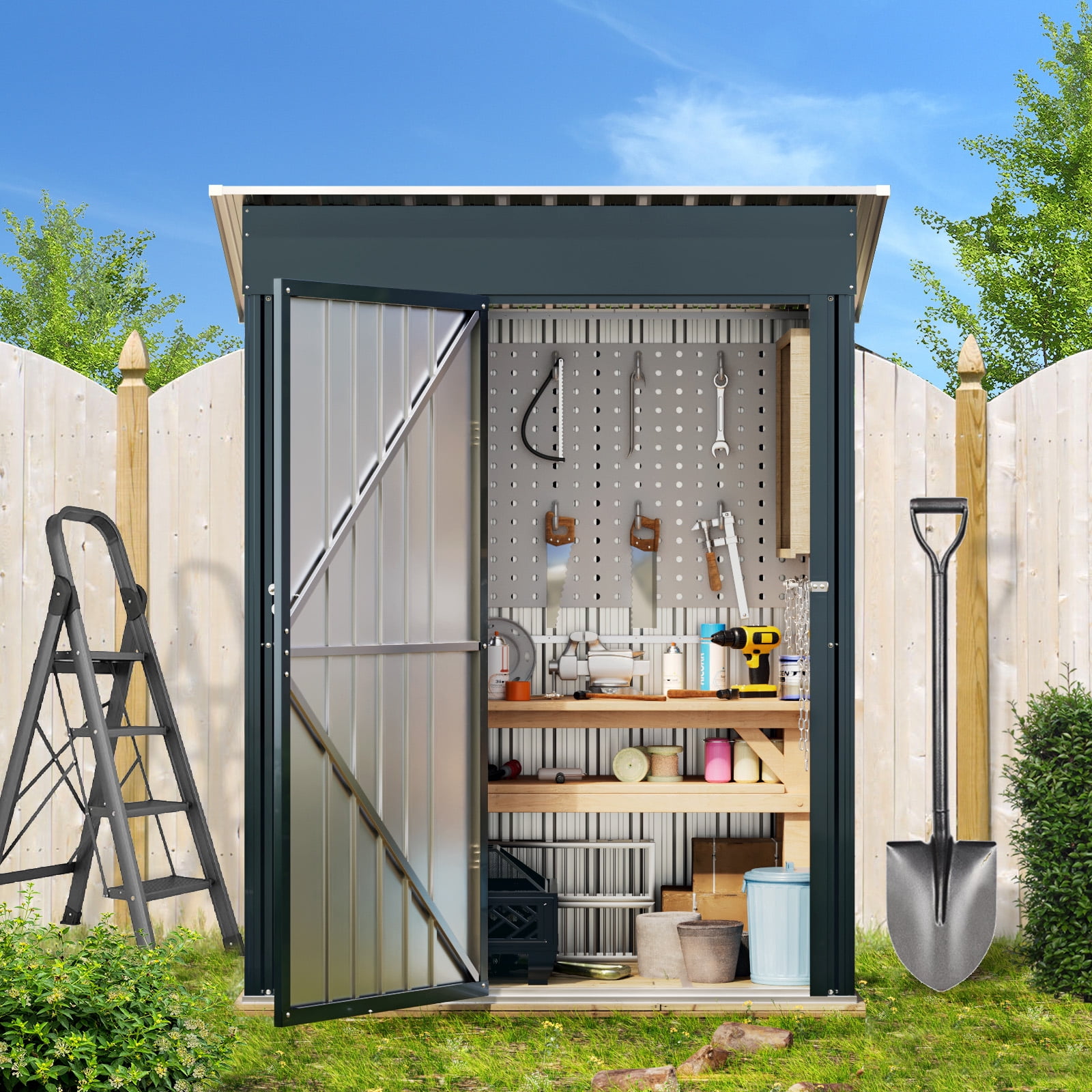 Outvue Outdoor Storage Shed 5 x 3, Metal Patio Storage Shed with Frame Floor & Lockable Door