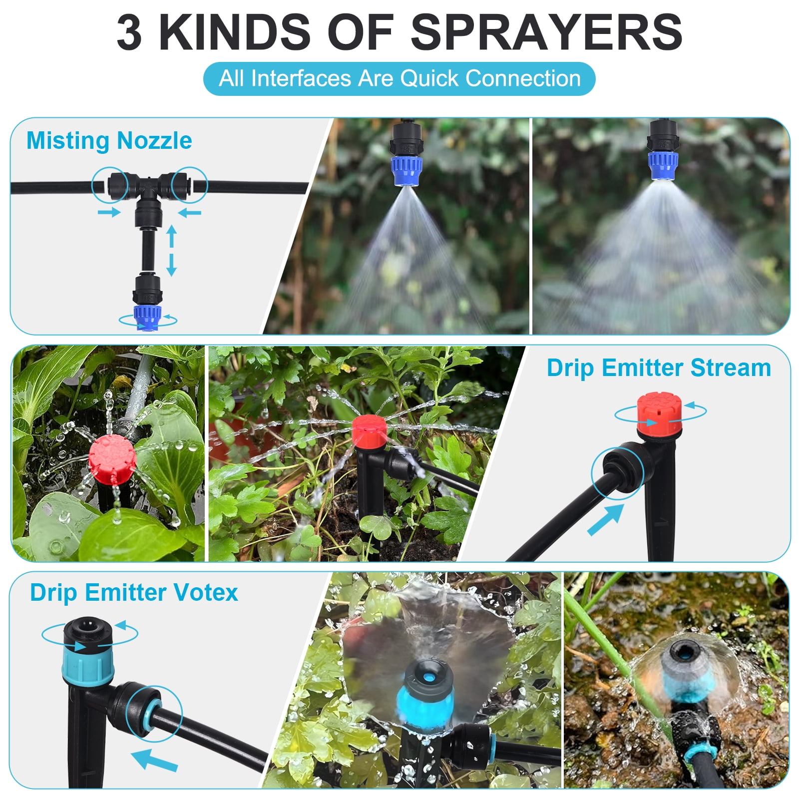 TERRALYX 230ft Drip Irrigation System with Quick-Connect,33ft 1/2" Mainline 197ft 1/4" Tubing Drip Irrigation Kit and 3 Nozzle Types Irrigation System for Garden,Flower Bed,Raised Bed,Greenhouse