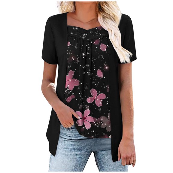 HomeDM Womens Tops Dressy Short Sleeve T-Shirts Trendy Floral Pleated Crew Neck Loose Tunic Tops Casual Summer Color Block Tshirts, S-2XL