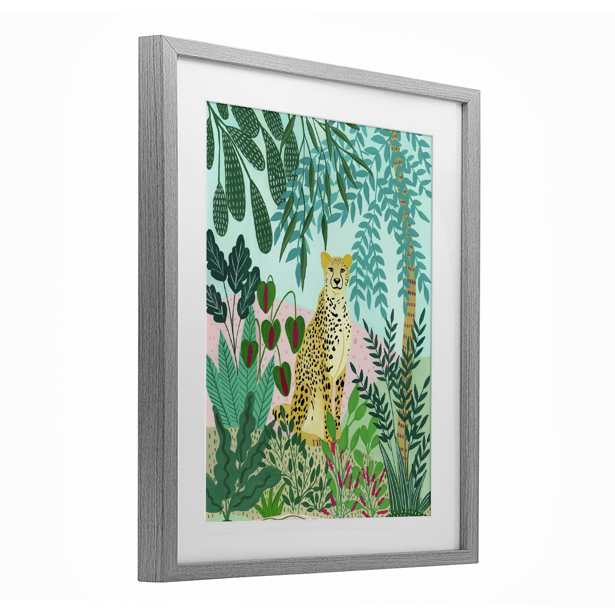 Stoic Leopard Tropical Forest Gray Framed Print Under Glass, design by Nabeela Rumi