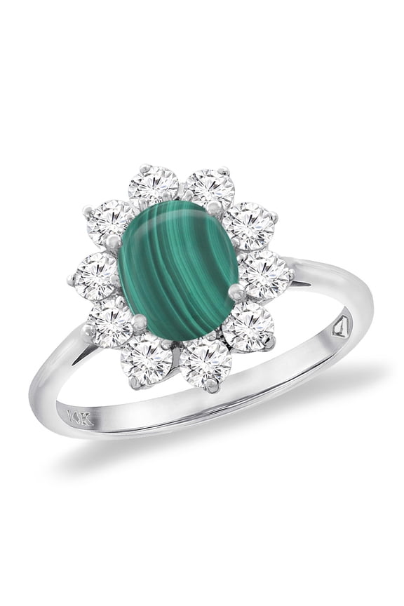 14K White Gold Diamond Natural Malachite Engagement Ring Oval 8x6 mm, size 7