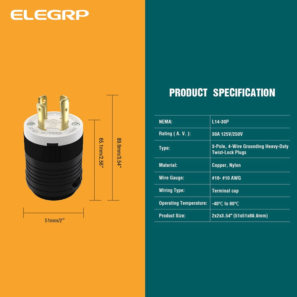 ELEGRP NEMA L14-30P Locking Plug, Generator Twist Lock Adapter Male Plug, 30 Amp 125/250V 3 Pole 4 Wire Grounding, Industrial Grade Heavy Duty, UL Listed (1 Pack, Black/White)