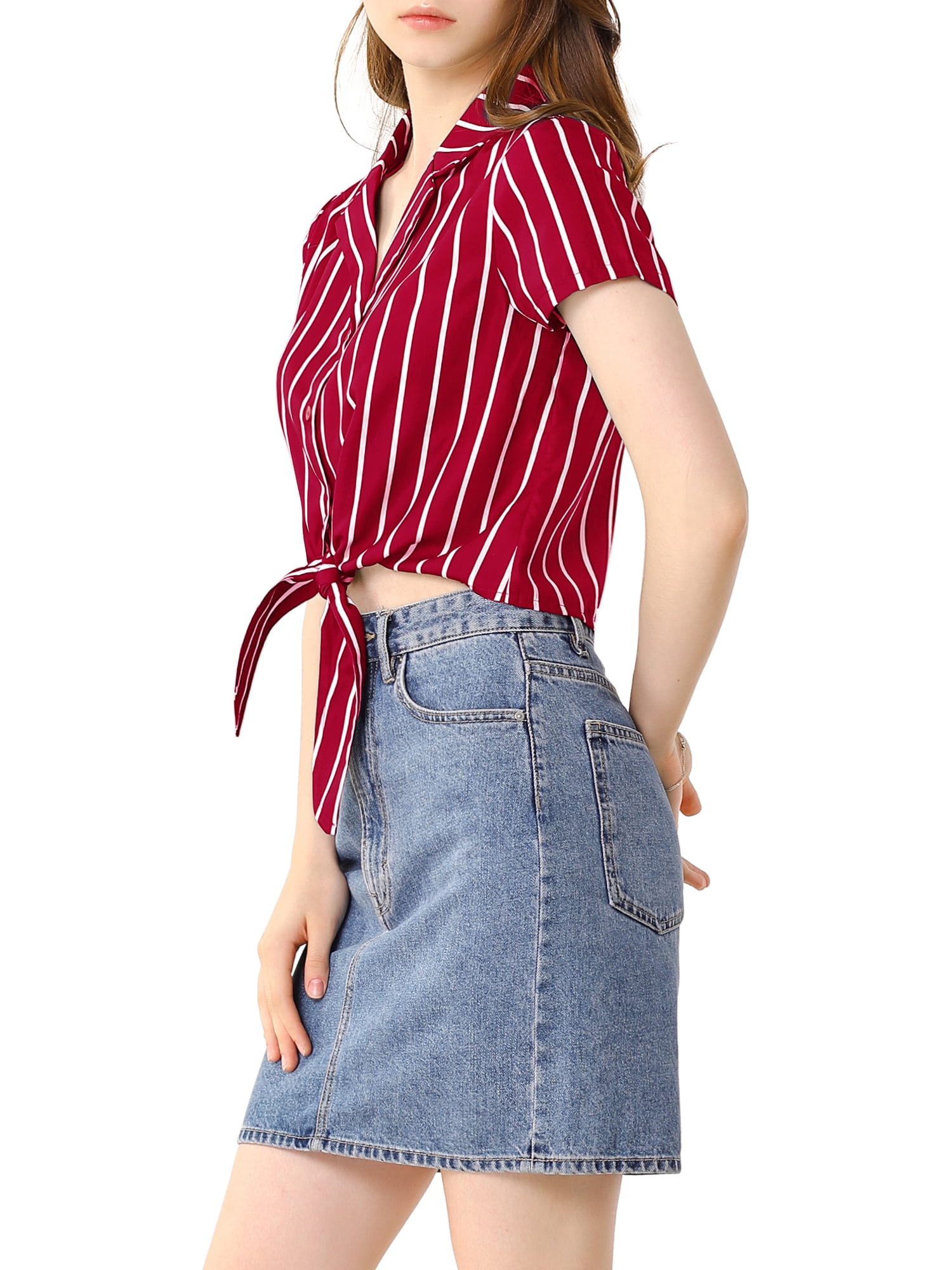 INSPIRE CHIC Women's Stripe Button up Short Sleeve Tie Front Short Shirts S Red