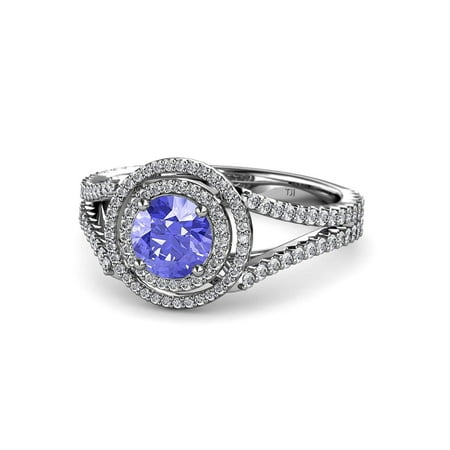 

Tanzanite and Diamond (SI2-I1 G-H) Double Halo Engagement Ring 1.29 ct tw in 14K White Gold.size 9.0