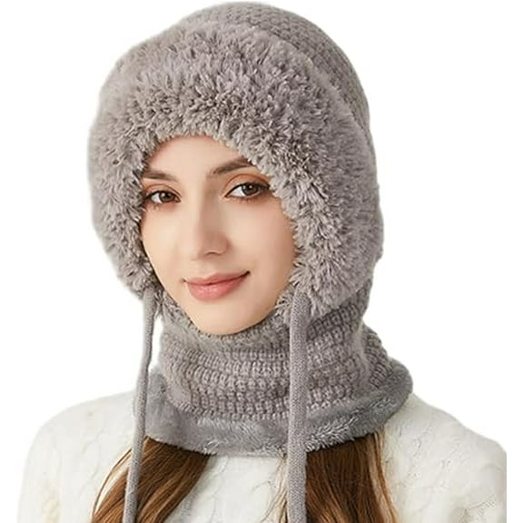 3 in 1 Beanie Hat for Women, Womens Balaclava Winter, Cold Knitted Hats Wind Resistant Hooded Scarf, Thick Plush-Lined (Gray)