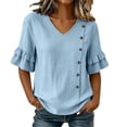 thumbnail image 2 of ClodeEU Women's V Neck Flared 3/4 Sleeve Blouse,Asymmetric Side Button Solid Color Casual Top Blue,Women's Plus L, 2 of 8