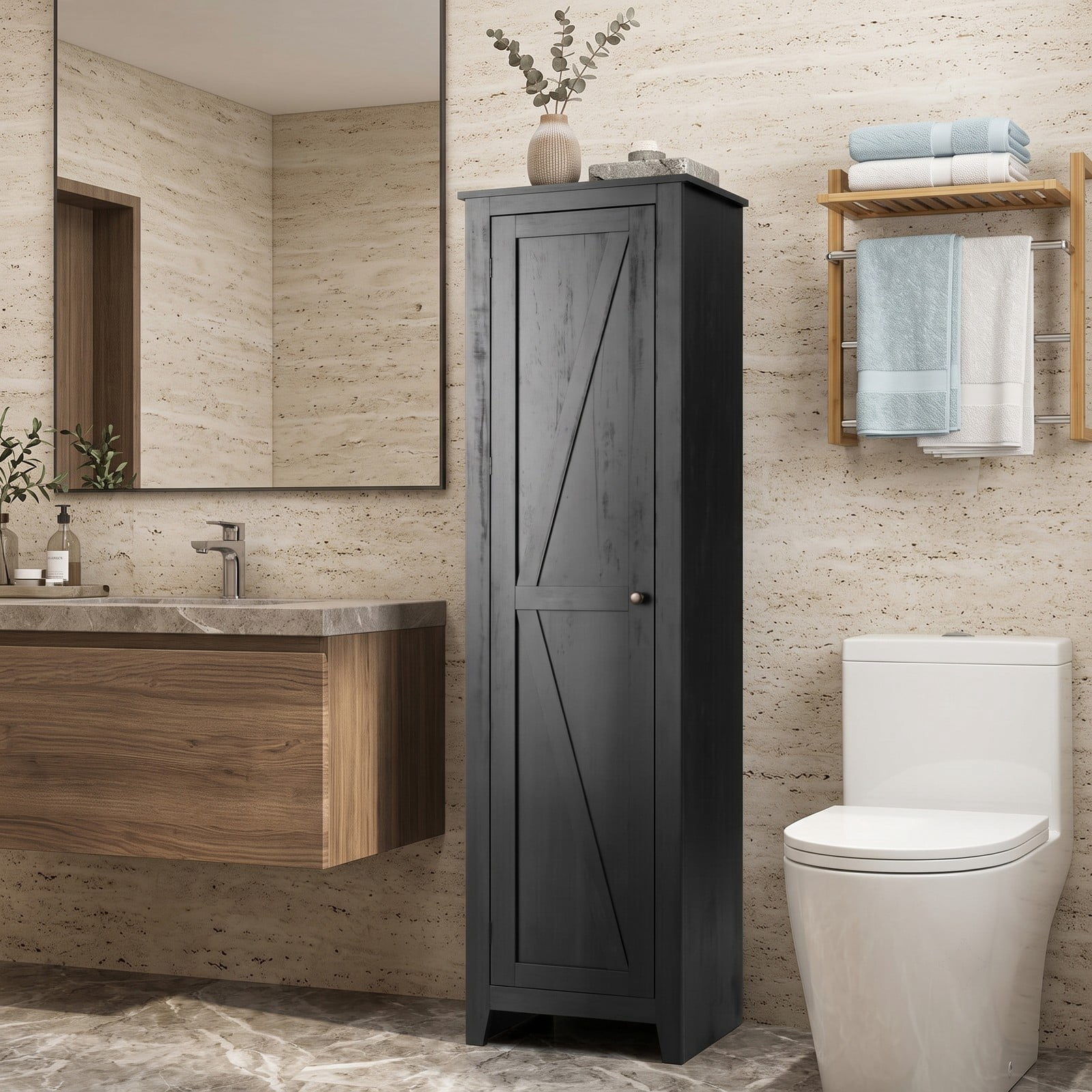Fenbeli Linen Tower Bathroom Storage Cabinet, Tall Slim Freestanding Floor Organizer with 4 Shelves, Anti-Tip Side Storage Cabinet with Door and Magnetic, Black
