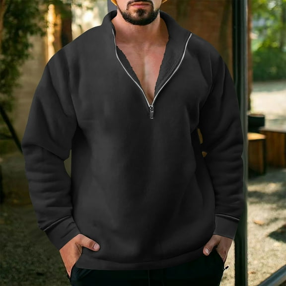 BSDJILFG Mens Zip Up Sweatshirts No Hood Fall Winter Long Sleeve Stand Collar Solid Color Loose Fit Pullover Tops