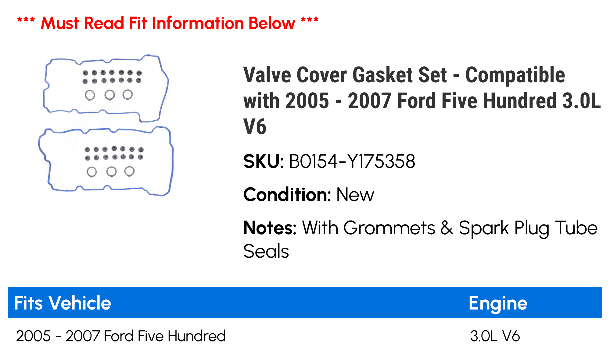 Valve Cover Gasket Set - Compatible with 2005 - 2007 Ford Five Hundred 3.0L V6 2006