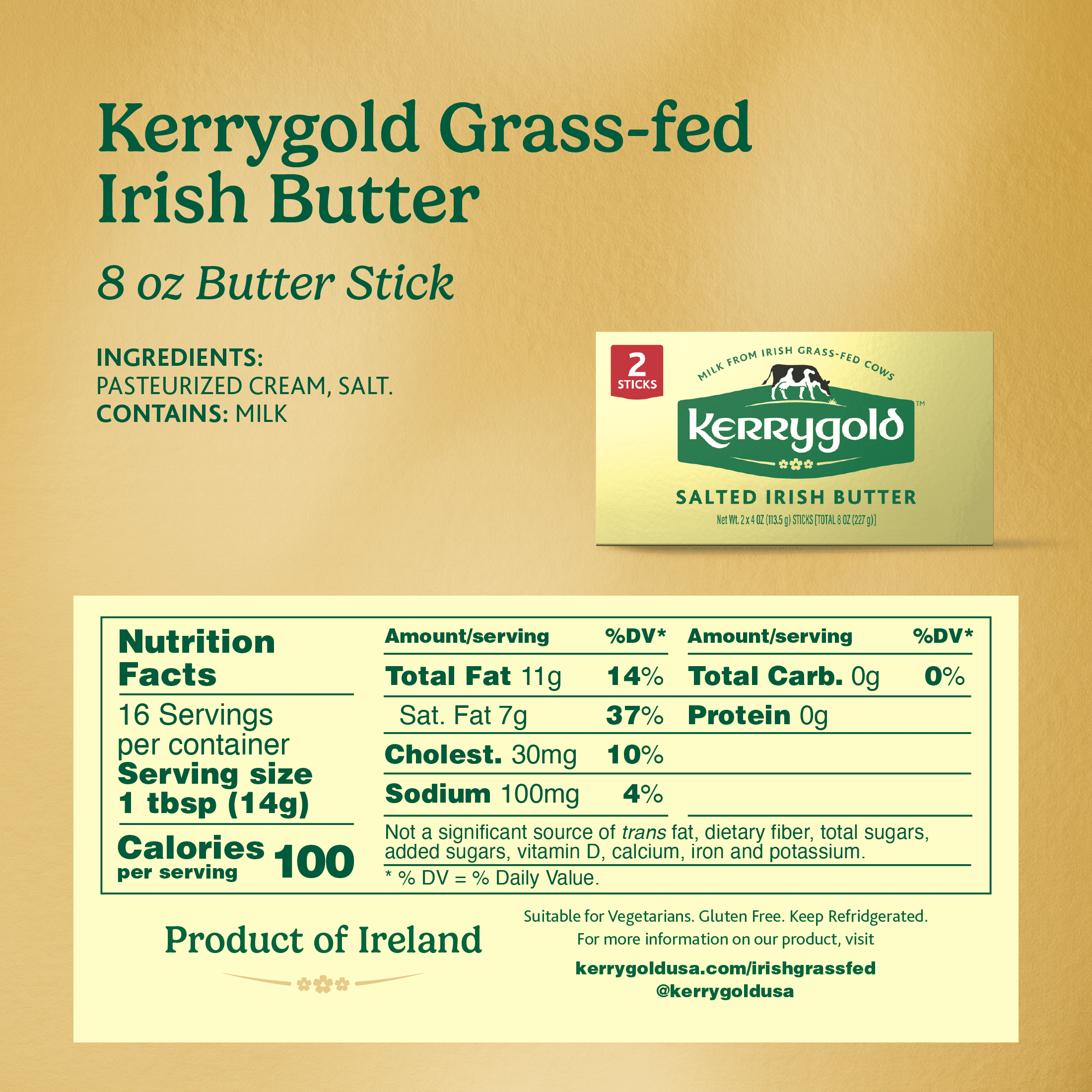 Kerrygold Irish Grass-Fed Irish Salted Butter Sticks, 8 oz, 2 Sticks